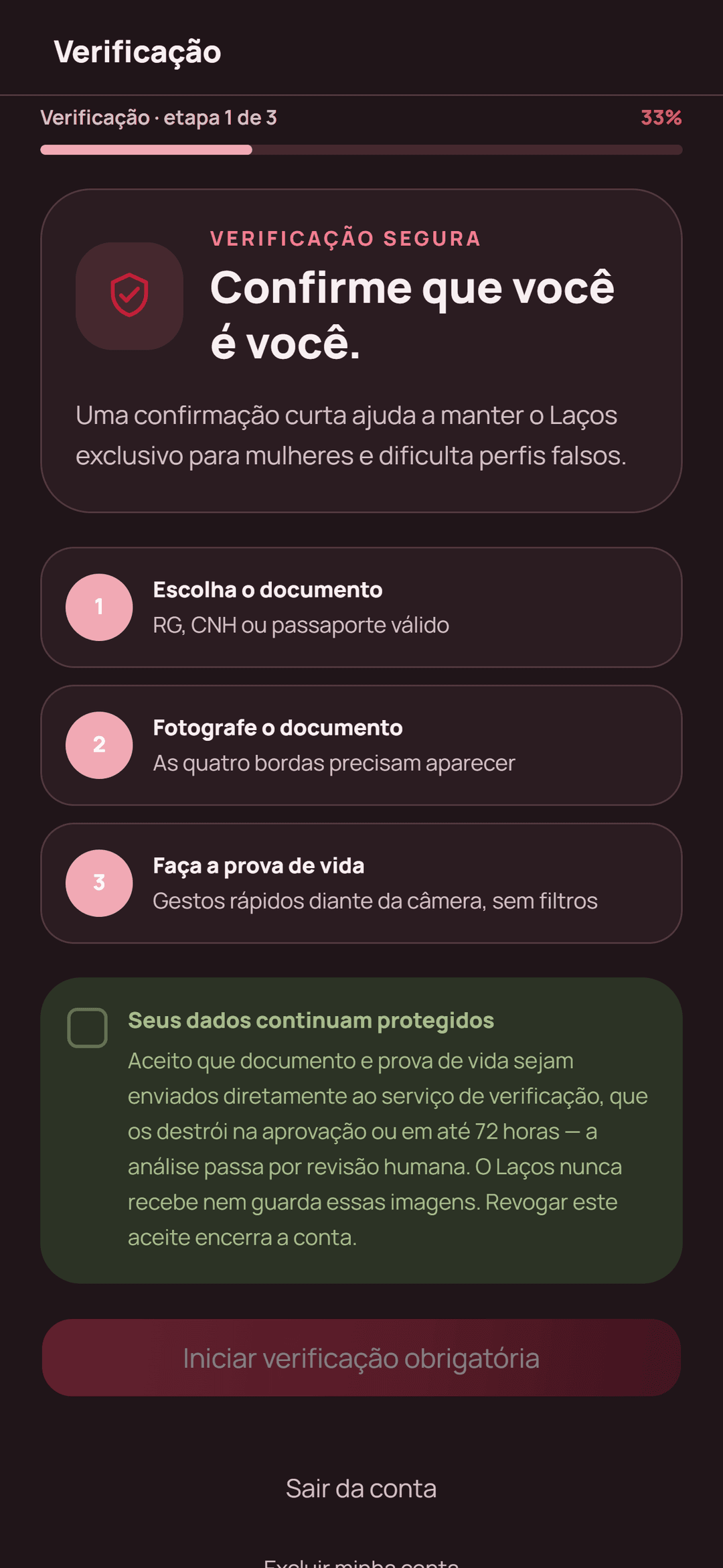 Tela de verificação de identidade do Laços: documento, prova de vida e o aceite de privacidade.